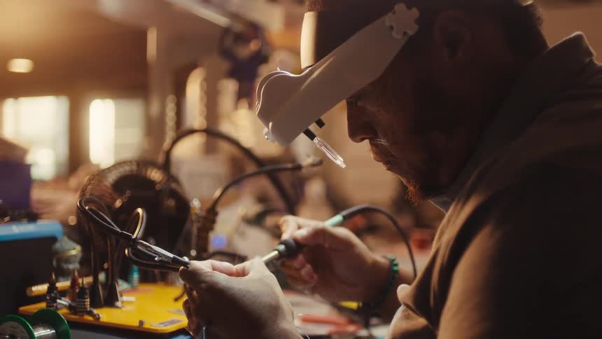 A focused craftsman wearing a magnifying visor carefully solders electronic components in his dimly lit workshop