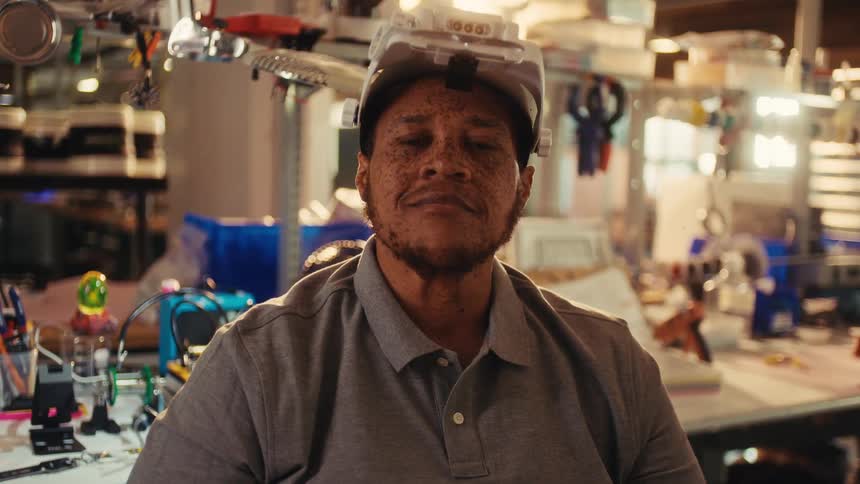 A confident craftsman wearing a magnifying headset opens his eyes and looks directly at the camera in his busy workshop