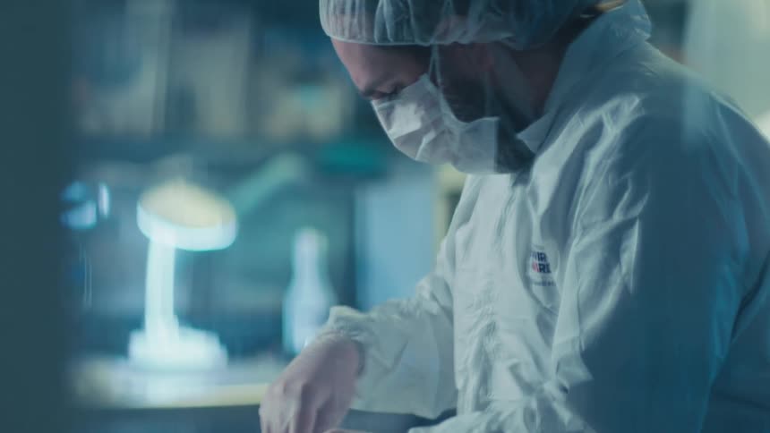 A focused researcher in a full protective suit, mask, and hairnet carefully works in a sterile laboratory