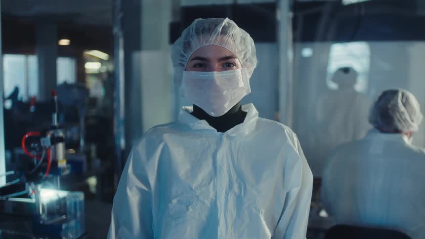 Portrait of a female scientist in a full protective hazmat suit and mask standing in a modern laboratory