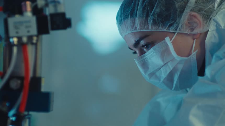 A focused female scientist in full protective gear works intently in a high-tech laboratory or cleanroom