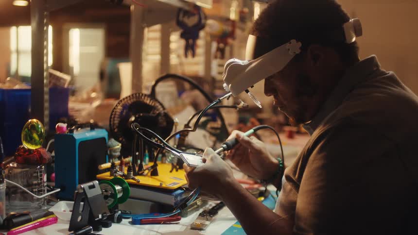 A focused craftsman wearing a magnifying visor meticulously solders a circuit board at his cluttered workbench