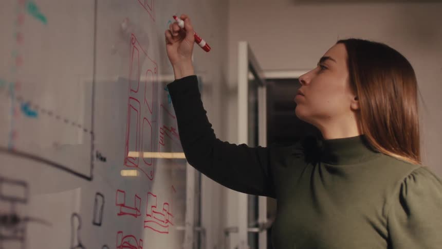 A focused female professional brainstorms by drawing flowcharts and diagrams on a glass whiteboard in a modern office