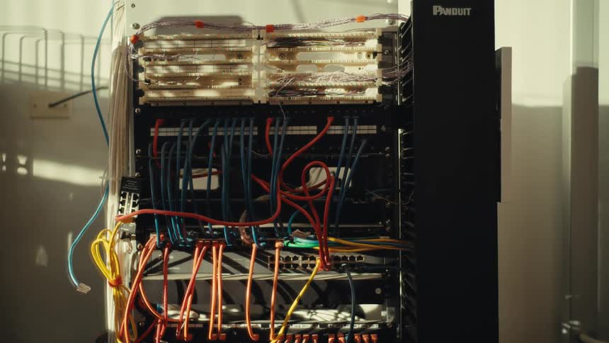 Close-up slow tilt down a server rack filled with tangled, colorful ethernet cables and network switches