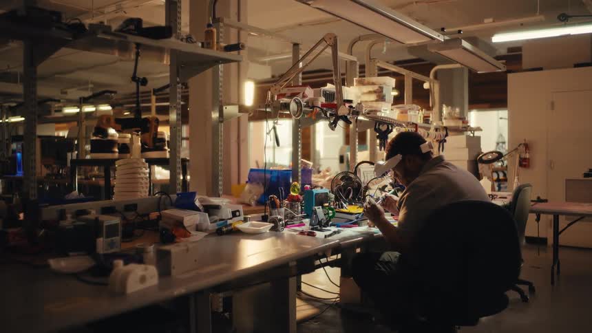 An engineer wearing a magnifying headset meticulously solders a circuit board at a cluttered workbench in a technology lab
