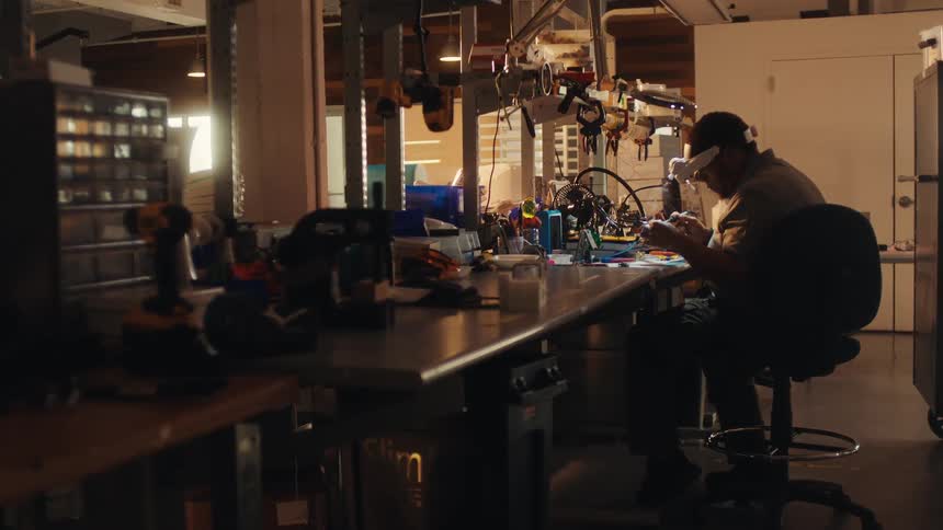 A skilled technician wearing a magnifying visor carefully solders electronic components at his cluttered workbench in a workshop