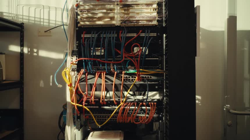 Slowly zooming into a computer server rack with messy, colorful ethernet cables and network switches
