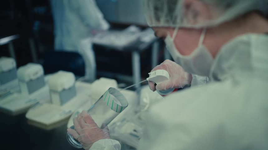 A technician in a sterile cleanroom suit carefully sprays the inside of a scientific cylinder as part of a manufacturing process