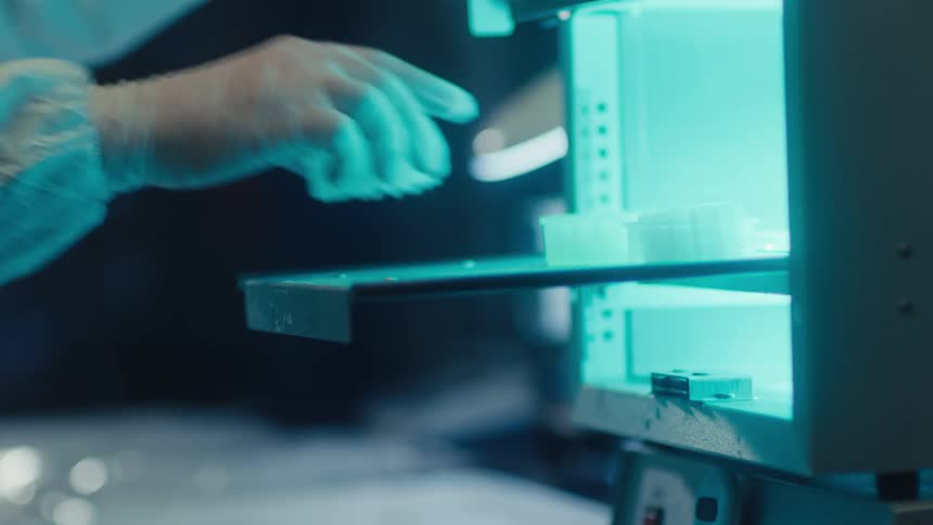 A lab technician in a cleanroom suit removes a tray of small manufactured parts from a UV light curing machine