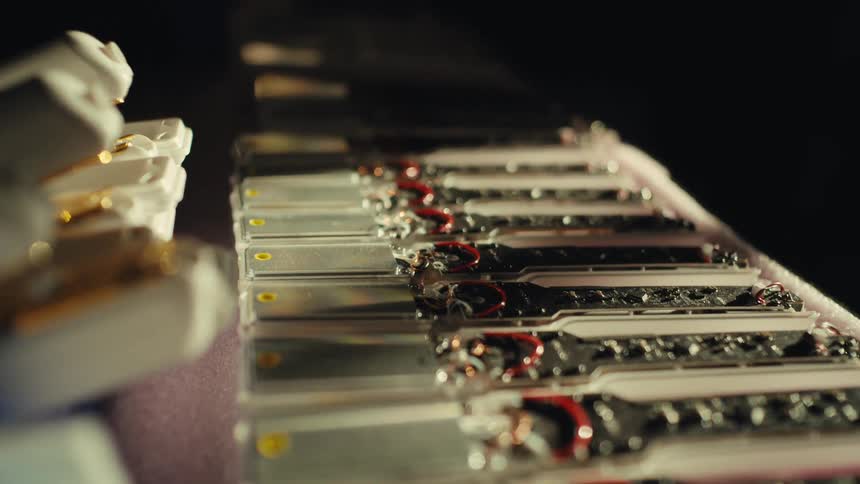 A detailed close-up shot of electronic components with wires laid out in a row on a factory assembly line