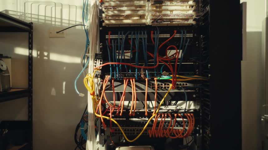 Timelapse of moving shadows and sunlight over a tangled network server rack with colorful ethernet cables