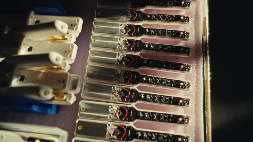 Overhead view of electronic cigarette components and circuit boards neatly arranged on a production line