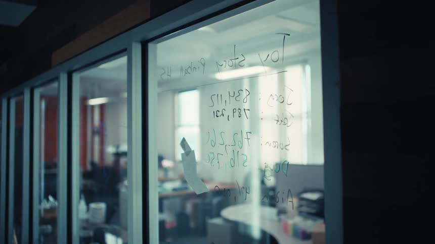 A slow push-in shot focuses on handwritten project notes on a glass office window, with the blurred workspace visible in the background
