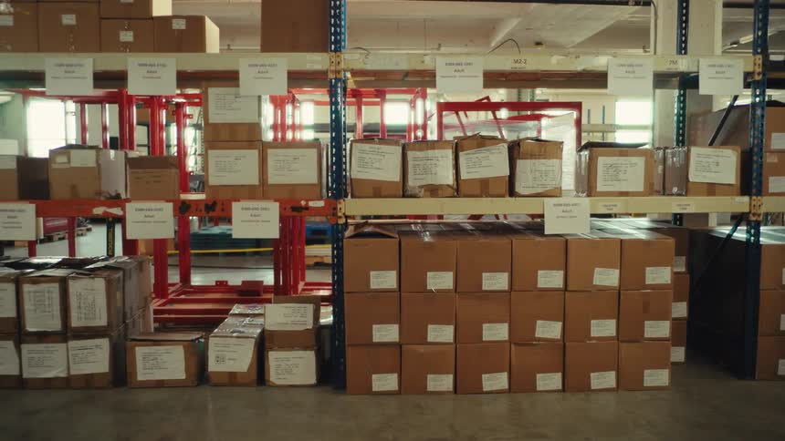 A slow zoom out reveals rows of labeled cardboard boxes stacked on shelves in an industrial warehouse