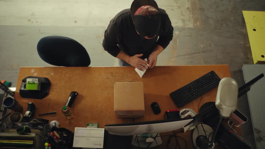 Overhead view of a man in a warehouse printing a shipping label, sticking it on a package, weighing it, and walking away