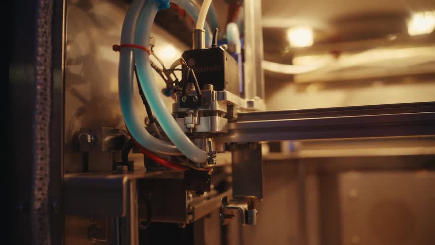 A close-up view of a 3D printer's extruder head moving precisely during the manufacturing process