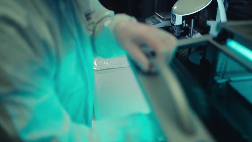 A lab technician wearing protective gear carefully removes small, 3D-printed components from a UV light curing chamber and places them on a sterile tray