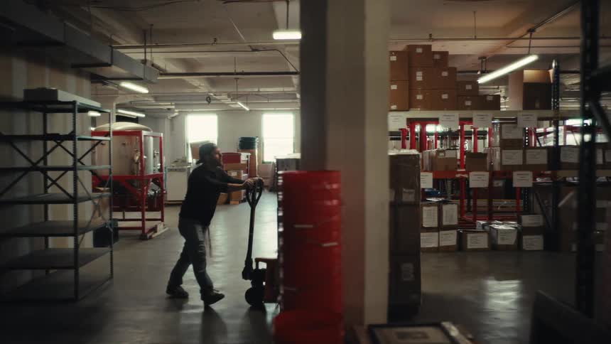 A male worker pushes a large pallet jack loaded with shrink-wrapped boxes through a vast industrial warehouse