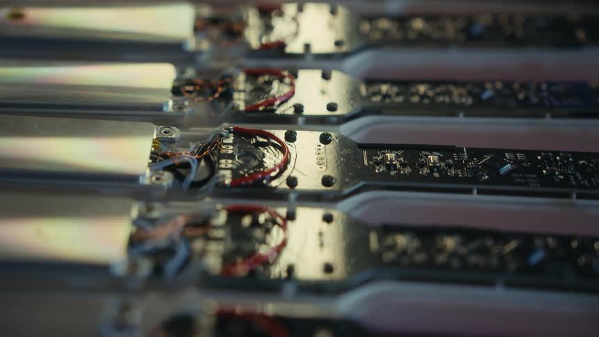 Detailed macro shot reveals rows of complex electronic circuit boards on a production line
