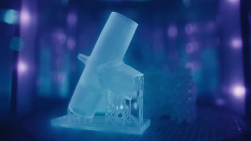 A translucent 3D printed resin part cures under ultraviolet light inside a specialized machine
