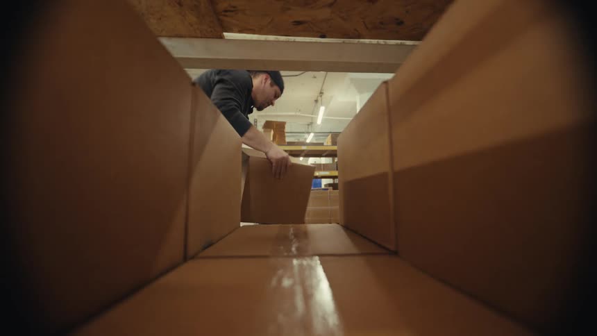 A POV shot from inside a cardboard box shows a man removing a smaller package and placing it on a shelf in a warehouse