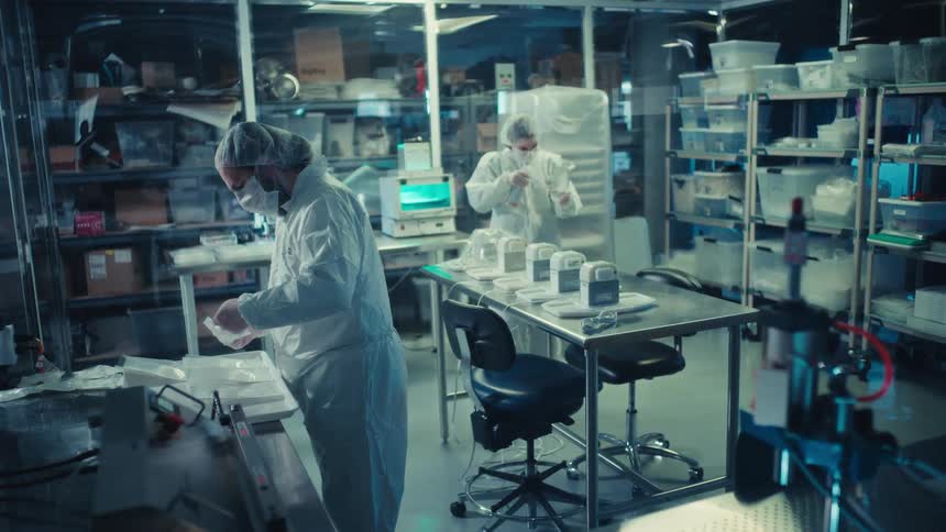 Wide shot of two scientists in full protective gear carefully working in a sterile, high-tech laboratory