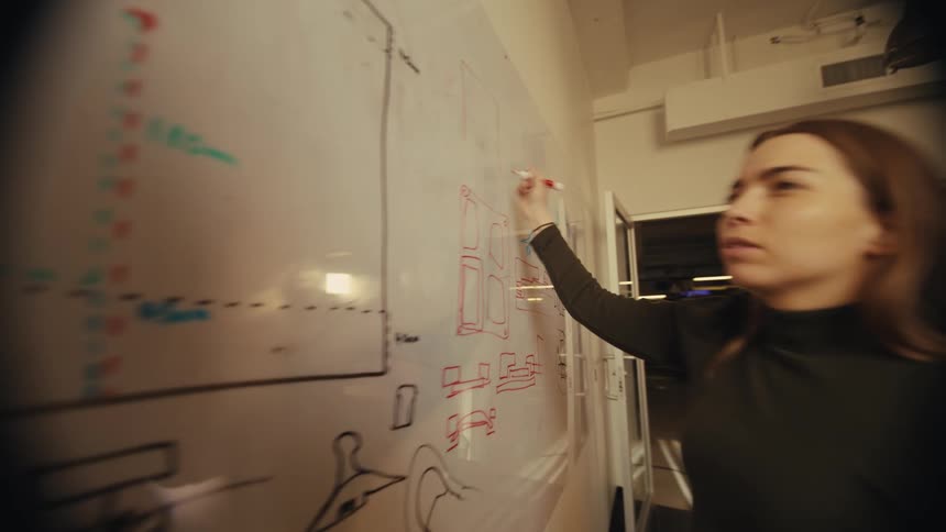 A creative businesswoman sketches diagrams and charts on a whiteboard while brainstorming in a modern office setting