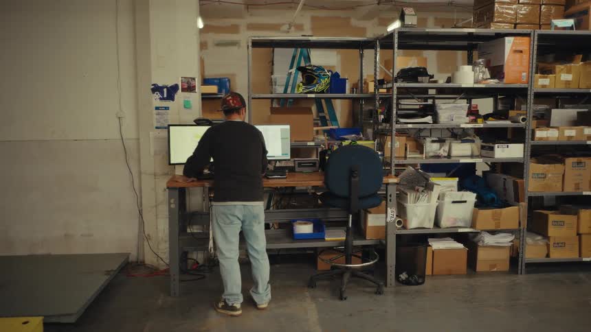 A warehouse worker manages inventory on his computer at a standing desk surrounded by shelves packed with boxes and supplies