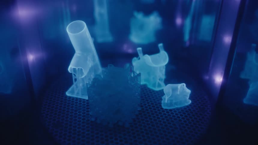 Translucent 3D-printed objects slowly rotate while hardening inside a UV light curing machine