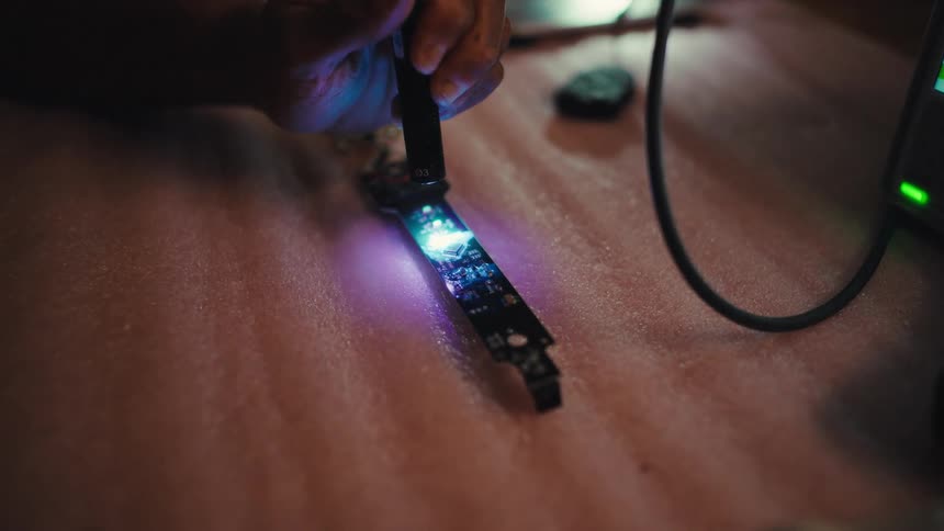 A technician uses a specialized UV light pen to meticulously inspect a circuit board for defects in a dark workshop