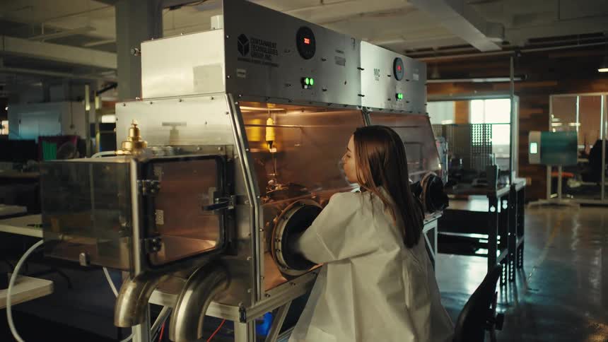 A female scientist in a lab coat works inside a sealed glovebox containment unit in a modern industrial workshop