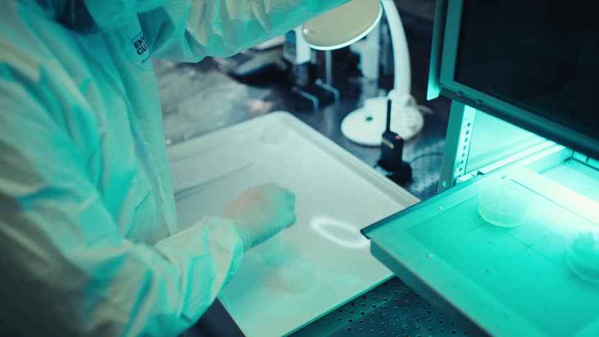 A scientist in a protective cleanroom suit removes manufactured parts from a UV light curing machine in a laboratory