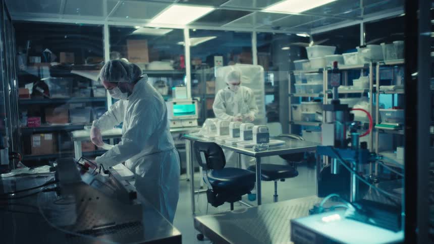 Two lab technicians in cleanroom suits conduct research and development in a modern, sterile laboratory environment