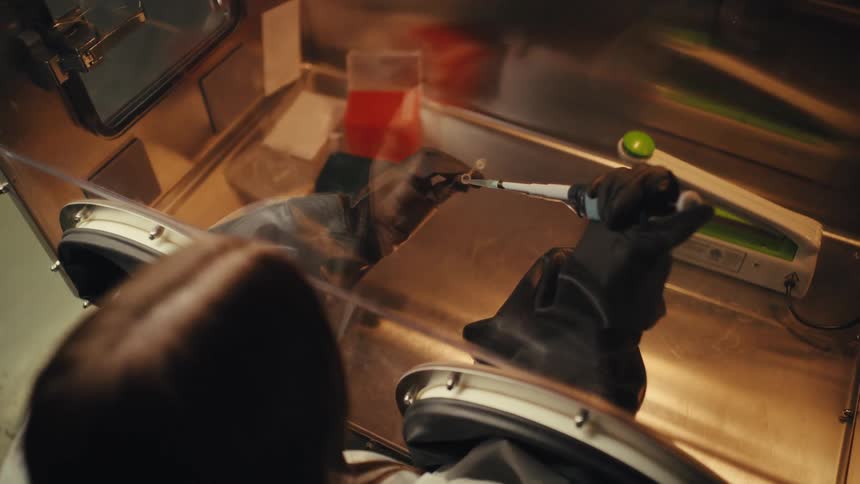 High-angle view of a scientist meticulously transferring liquid samples with a micropipette inside a sterile laboratory glove box