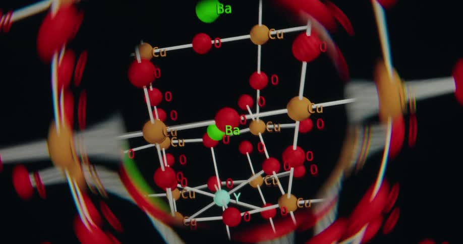 A stylized 3D animation of a complex molecule rotating with atomic labels for a scientific visualization