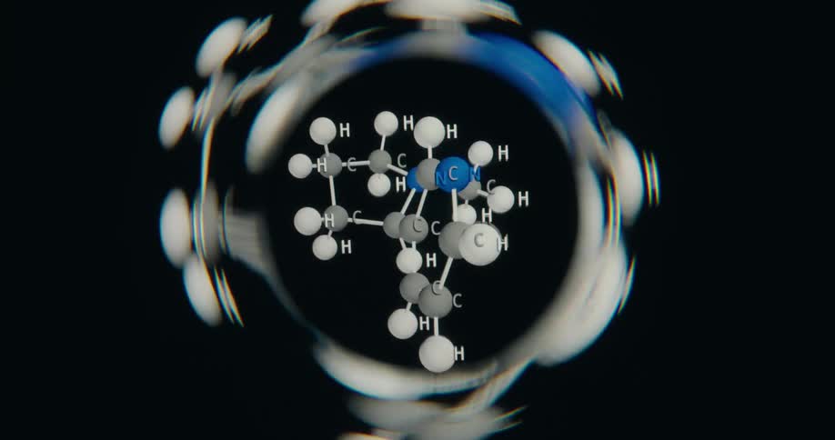 A scientific 3D animation shows a rotating nicotine molecule on a dark background with a distorted, swirling lens effect
