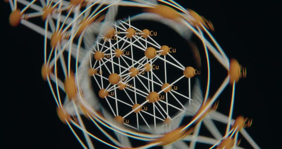 A scientific 3D animation shows the molecular lattice structure of Copper (Cu) rotating in a seamless loop