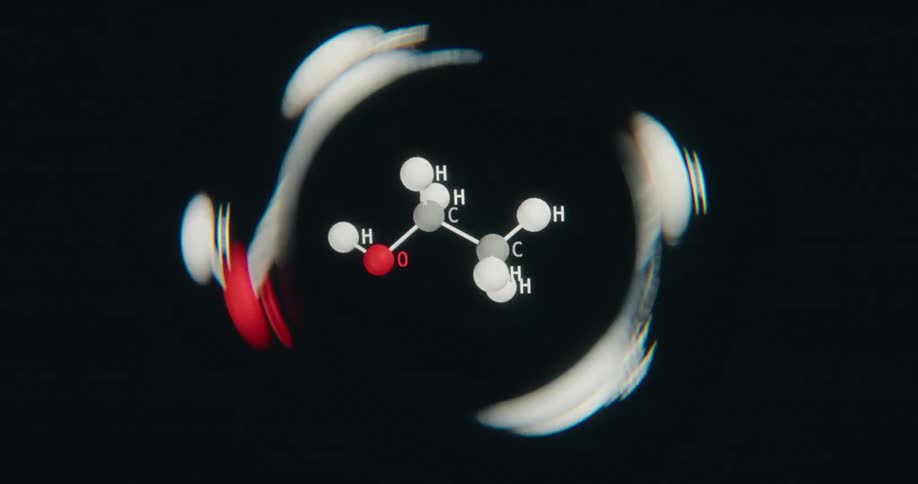 A distorted digital animation shows the molecular structure of ethanol rotating in a swirling vortex