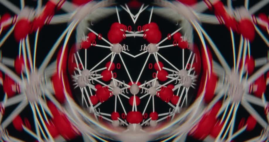 Hypnotic kaleidoscopic animation of a rotating Corundum (Al2O3) crystal lattice, showcasing its intricate molecular structure