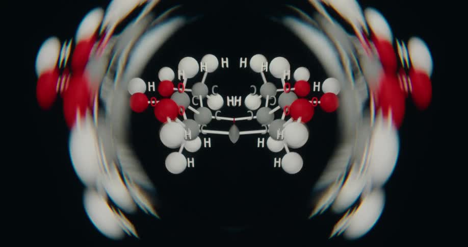 A psychedelic, kaleidoscopic animation of a rotating 3D chemical molecule against a black background