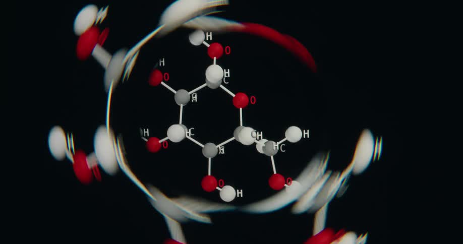 A stylized, abstract animation shows a 3D rendering of a glucose molecule against a black background