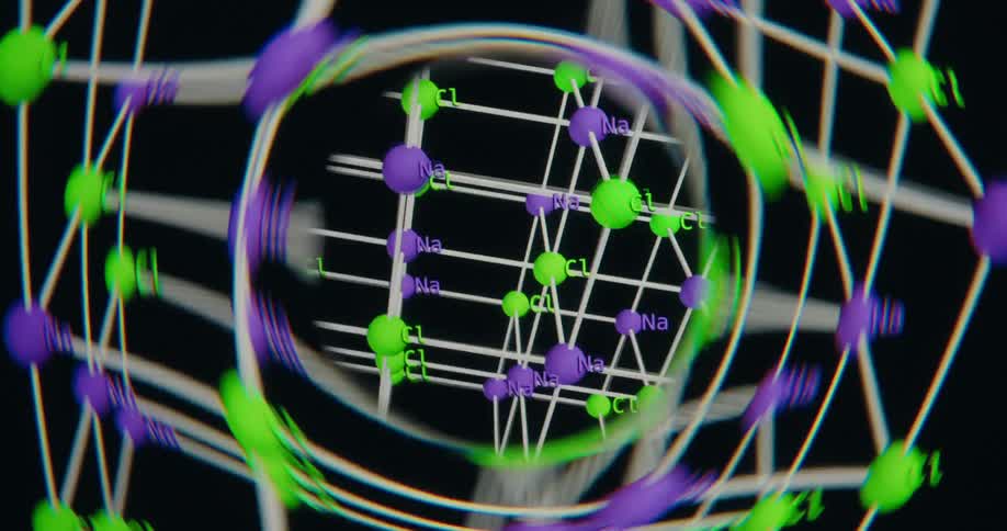 A 3D animation of the rotating crystal lattice structure of Sodium Chloride (NaCl) with a distorted lens effect