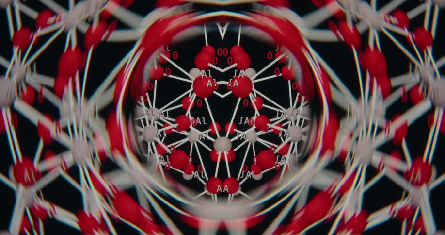 A kaleidoscopic view of an Aluminum Oxide (Al₂O₃) molecular structure rotating in a seamless loop on a black background