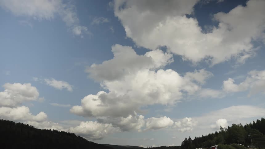 A serene view of a blue sky filled with puffy white clouds above a forested valley