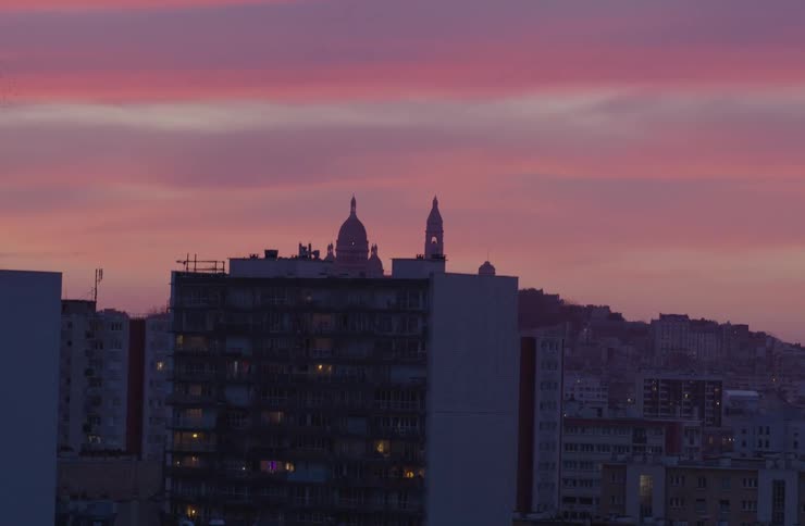 A murmuration of birds dances in the vibrant pink and purple sky above the Paris cityscape and Sacré-Cœur Basilica at dusk