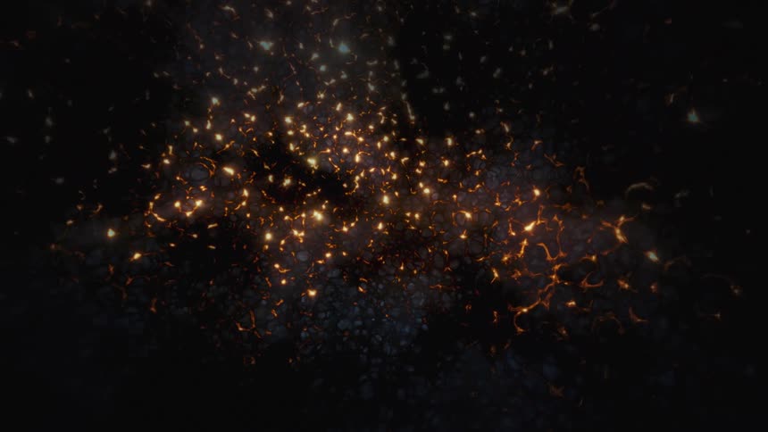 An abstract animation of glowing golden particles and embers slowly fading over a dark, textured surface