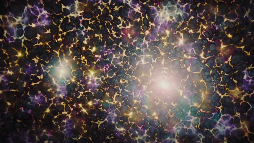 A mystical animated background of an abstract cosmic nebula with glowing particles and a dark, web-like texture