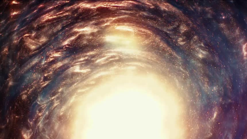 A vibrant and glittering cosmic vortex swirls around a bright, central star in this abstract space animation