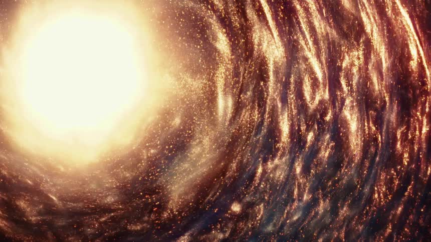 A swirling vortex of golden stardust and cosmic energy spirals around a bright, glowing star in deep space