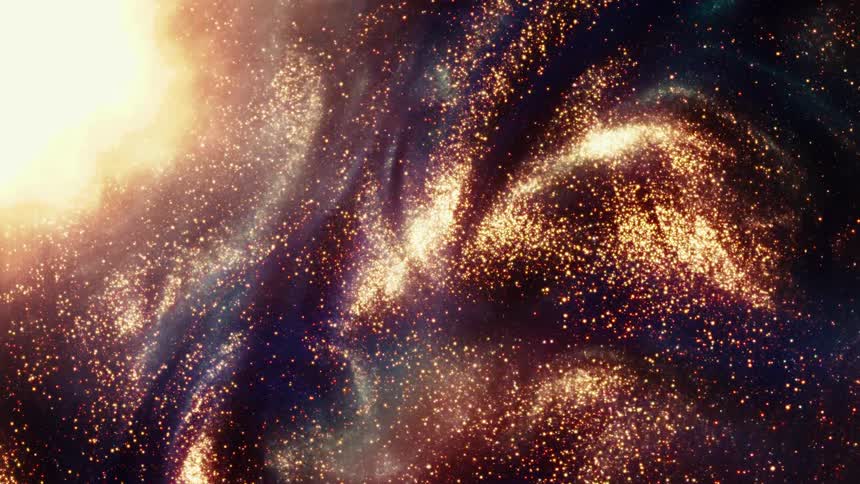 A brilliant celestial light illuminates swirling golden particles forming a cosmic nebula
